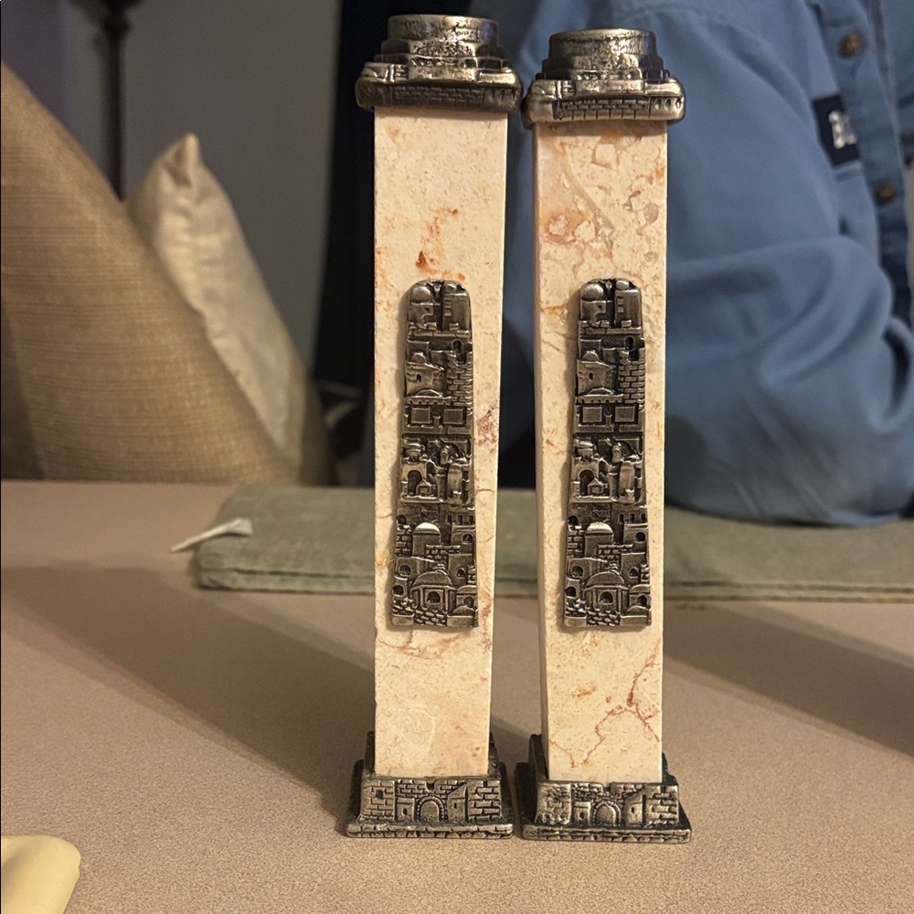 Decorative Marble candle sticks with Pewter Accent made in Jerusalem